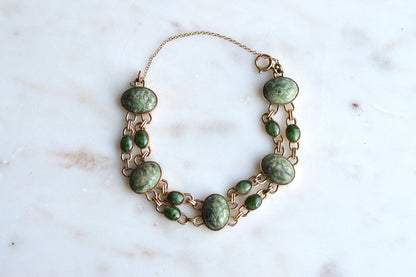 Vintage W.E. Richards (WRE) 12K Gold Filled Carved Green Jade Scarab Bracelet, Egyptian Revival Link Bracelet, Mid Century Jewelry