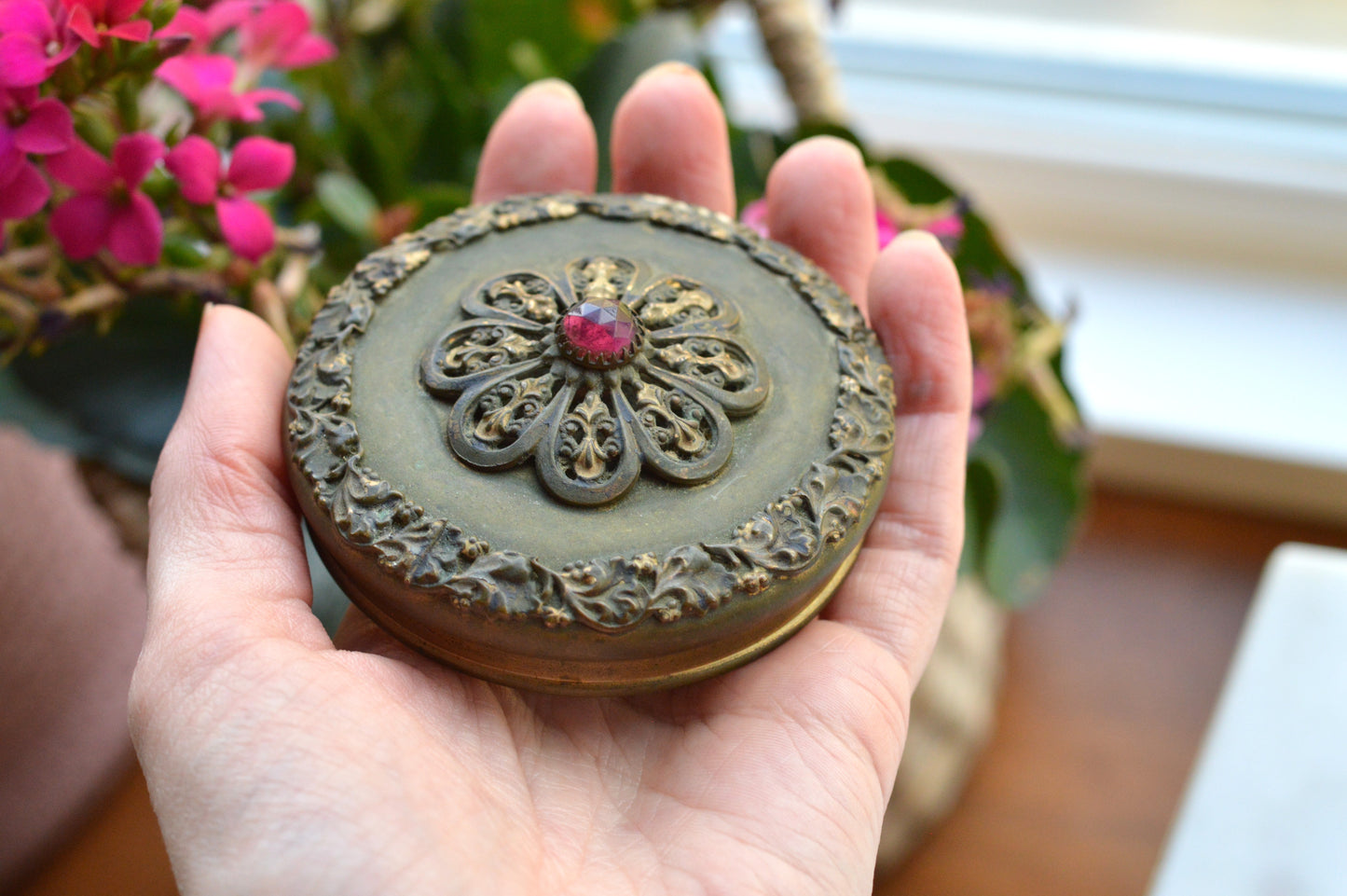 Antique UV Reactive "Glow Glass" Powder Jar - Art Nouveau Jeweled Brass Lid - Victorian Cut Glass Dresser Box - Manganese/Uranium Reactive