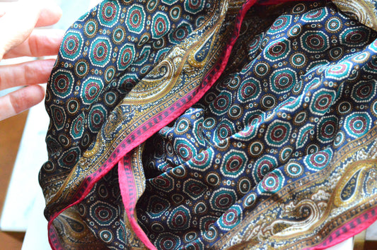 Vintage Echo Club 7 Silk Scarf, Navy & Gold Paisley Medallion Foulard, Mid Century Style 80s Designer Neck Scarf, Made in Japan