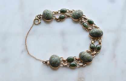 Vintage W.E. Richards (WRE) 12K Gold Filled Carved Green Jade Scarab Bracelet, Egyptian Revival Link Bracelet, Mid Century Jewelry