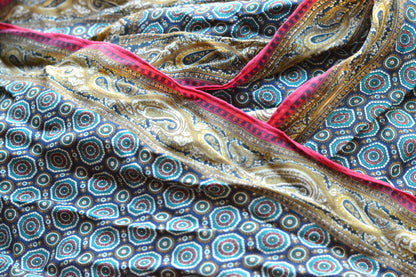 Vintage Echo Club 7 Silk Scarf, Navy & Gold Paisley Medallion Foulard, Mid Century Style 80s Designer Neck Scarf, Made in Japan