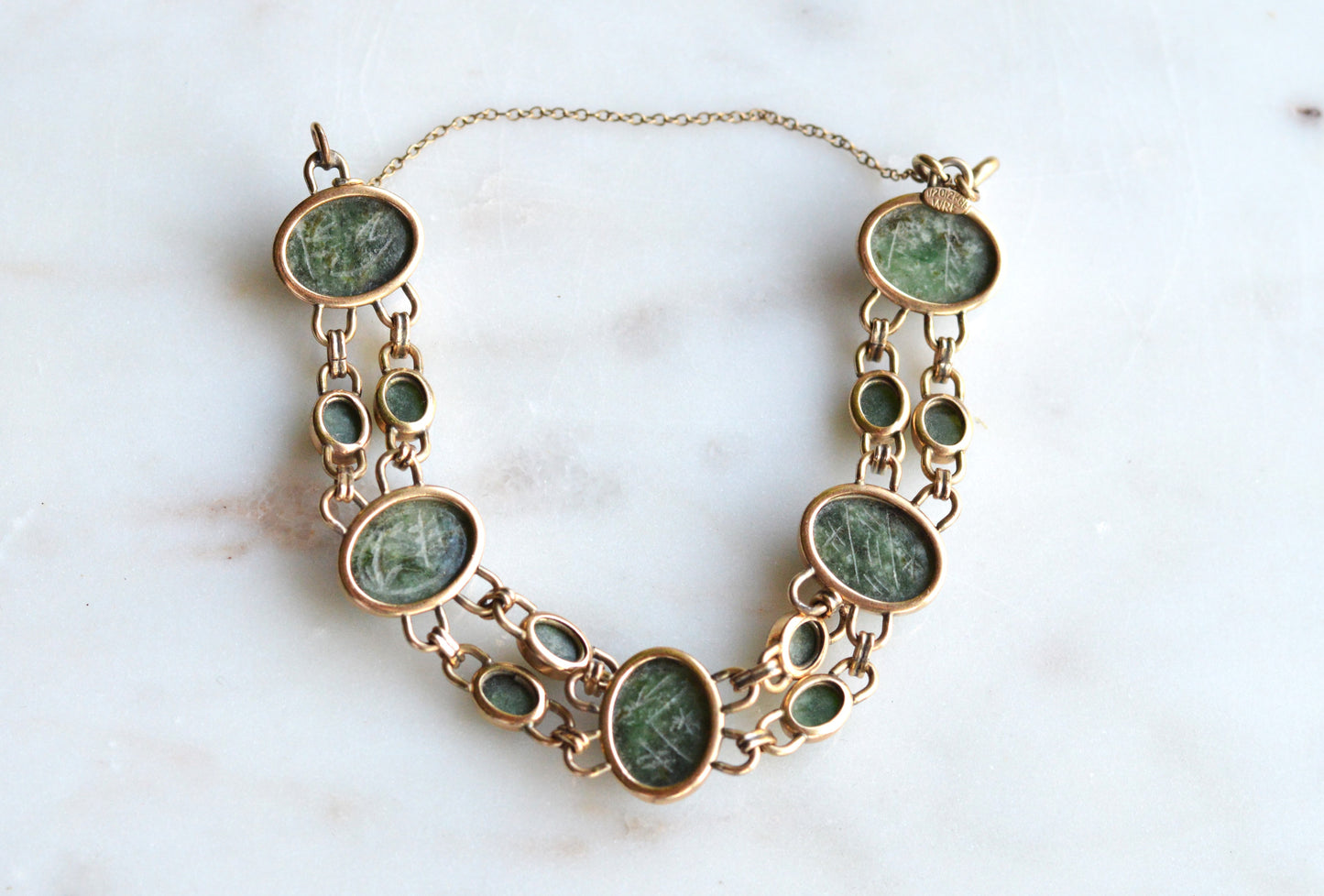 Vintage W.E. Richards (WRE) 12K Gold Filled Carved Green Jade Scarab Bracelet, Egyptian Revival Link Bracelet, Mid Century Jewelry