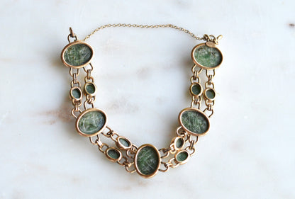 Vintage W.E. Richards (WRE) 12K Gold Filled Carved Green Jade Scarab Bracelet, Egyptian Revival Link Bracelet, Mid Century Jewelry