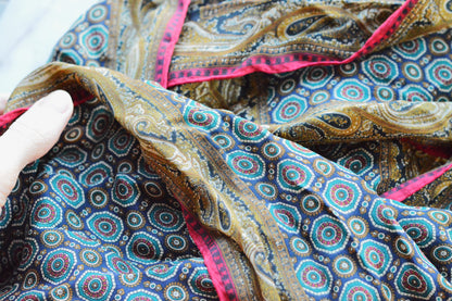 Vintage Echo Club 7 Silk Scarf, Navy & Gold Paisley Medallion Foulard, Mid Century Style 80s Designer Neck Scarf, Made in Japan