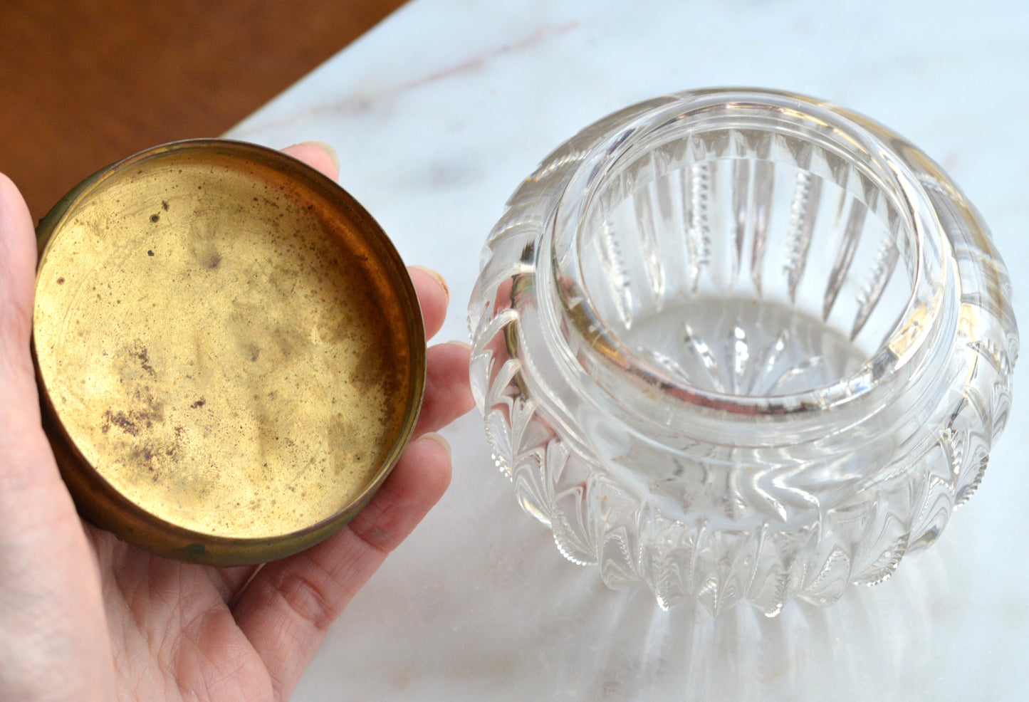 Antique UV Reactive "Glow Glass" Powder Jar - Art Nouveau Jeweled Brass Lid - Victorian Cut Glass Dresser Box - Manganese/Uranium Reactive