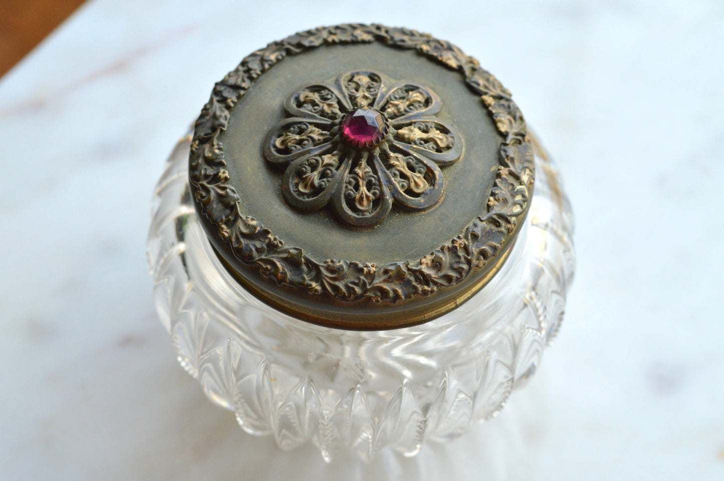 Antique UV Reactive "Glow Glass" Powder Jar - Art Nouveau Jeweled Brass Lid - Victorian Cut Glass Dresser Box - Manganese/Uranium Reactive