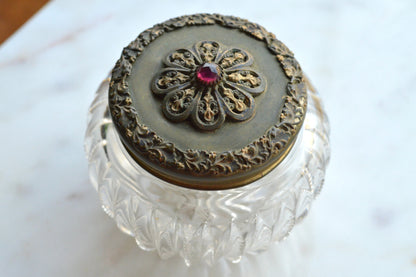 Antique UV Reactive "Glow Glass" Powder Jar - Art Nouveau Jeweled Brass Lid - Victorian Cut Glass Dresser Box - Manganese/Uranium Reactive