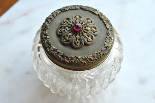 Antique UV Reactive "Glow Glass" Powder Jar - Art Nouveau Jeweled Brass Lid - Victorian Cut Glass Dresser Box - Manganese/Uranium Reactive