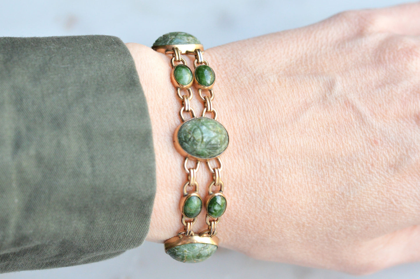 Vintage W.E. Richards (WRE) 12K Gold Filled Carved Green Jade Scarab Bracelet, Egyptian Revival Link Bracelet, Mid Century Jewelry
