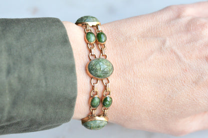 Vintage W.E. Richards (WRE) 12K Gold Filled Carved Green Jade Scarab Bracelet, Egyptian Revival Link Bracelet, Mid Century Jewelry