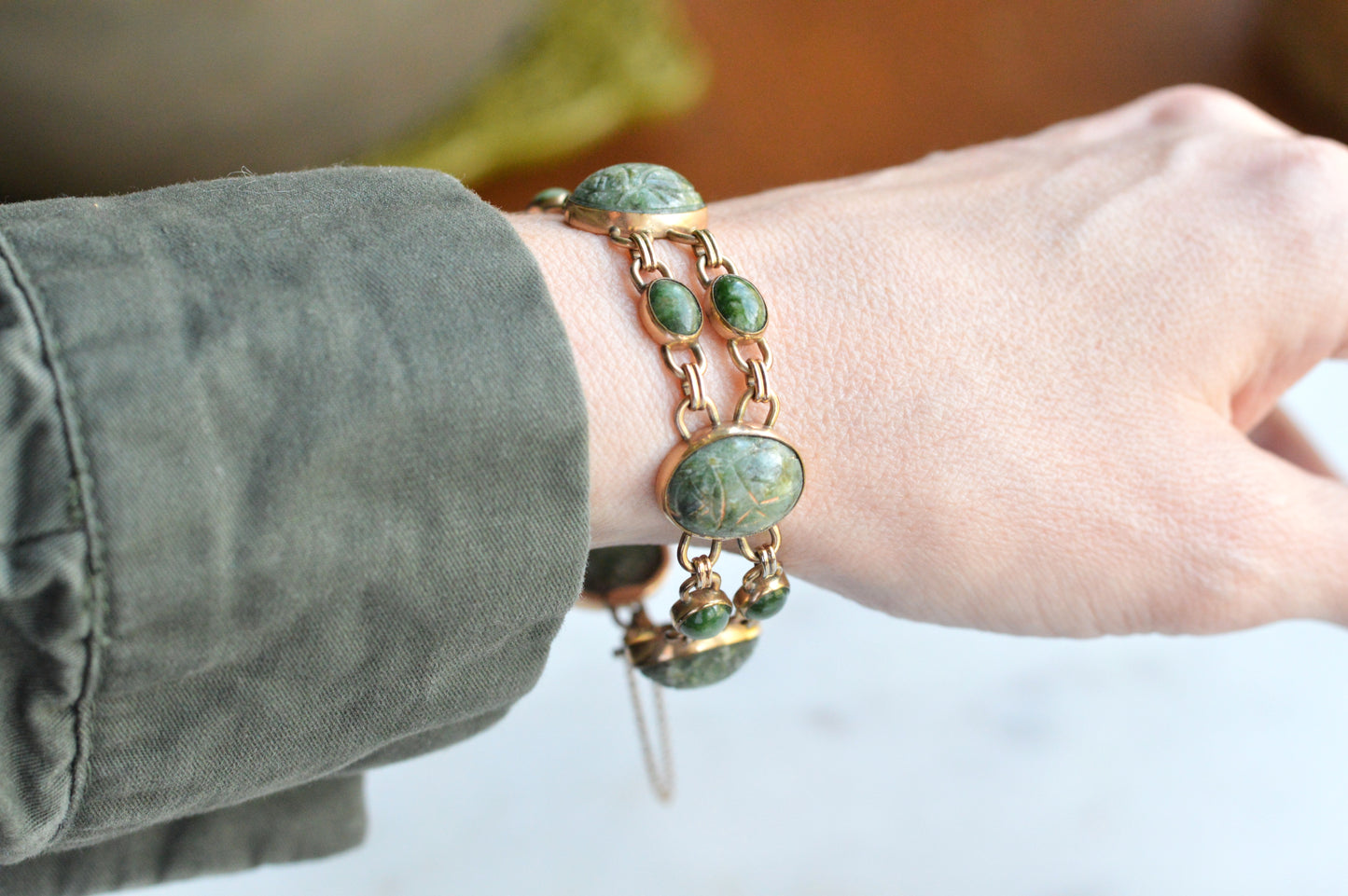 Vintage W.E. Richards (WRE) 12K Gold Filled Carved Green Jade Scarab Bracelet, Egyptian Revival Link Bracelet, Mid Century Jewelry