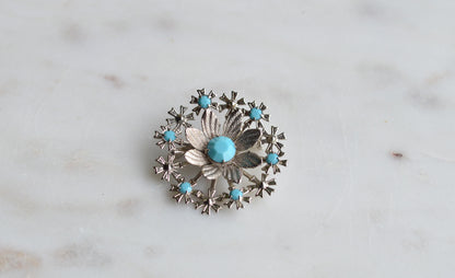 Vintage Faux Turquoise Sunburst Brooch – Silver Tone Floral Medallion Pin, Mid-Century Costume Jewelry