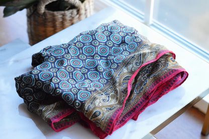 Vintage Echo Club 7 Silk Scarf, Navy & Gold Paisley Medallion Foulard, Mid Century Style 80s Designer Neck Scarf, Made in Japan
