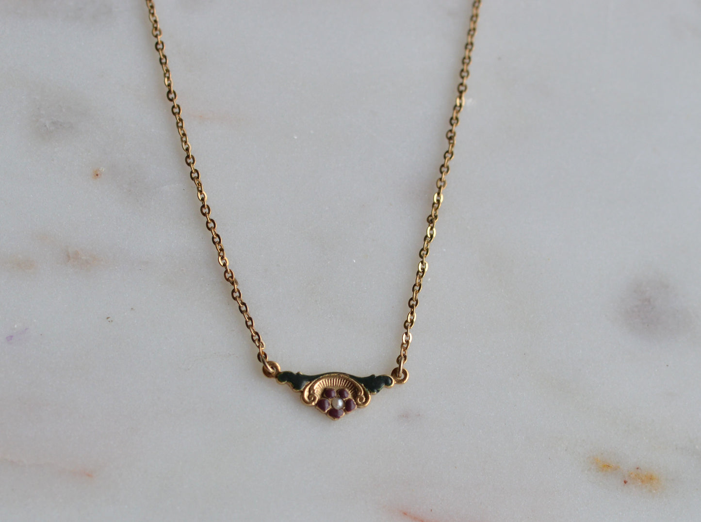 Vintage 10K Gold Filled Enamel Bar Necklace - Seed Pearl Floral Pendant - Victorian Revival Barware Jewelry
