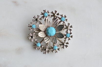 Vintage Faux Turquoise Sunburst Brooch – Silver Tone Floral Medallion Pin, Mid-Century Costume Jewelry