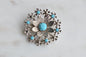 Vintage Faux Turquoise Sunburst Brooch – Silver Tone Floral Medallion Pin, Mid-Century Costume Jewelry
