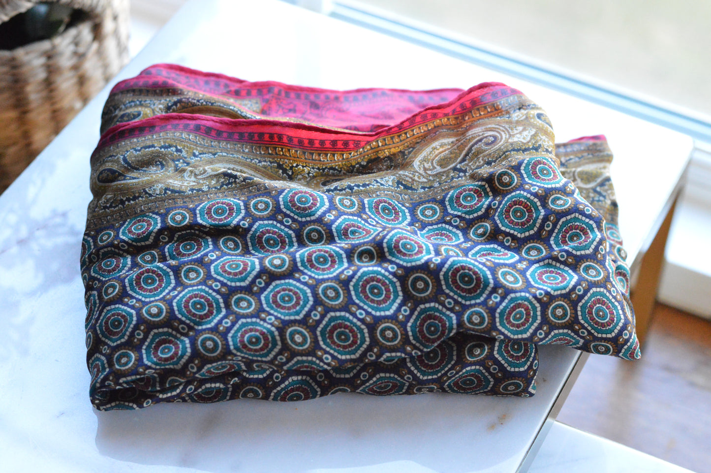 Vintage Echo Club 7 Silk Scarf, Navy & Gold Paisley Medallion Foulard, Mid Century Style 80s Designer Neck Scarf, Made in Japan