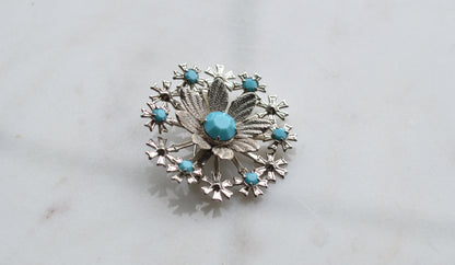 Vintage Faux Turquoise Sunburst Brooch – Silver Tone Floral Medallion Pin, Mid-Century Costume Jewelry