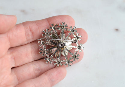 Vintage Faux Turquoise Sunburst Brooch – Silver Tone Floral Medallion Pin, Mid-Century Costume Jewelry