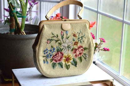 Vintage 1950s Floral Needlepoint Handbag – Mid-Century Tapestry Purse, Gold-Tone Frame, Top Handle Evening Bag