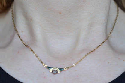 Vintage 10K Gold Filled Enamel Bar Necklace - Seed Pearl Floral Pendant - Victorian Revival Barware Jewelry