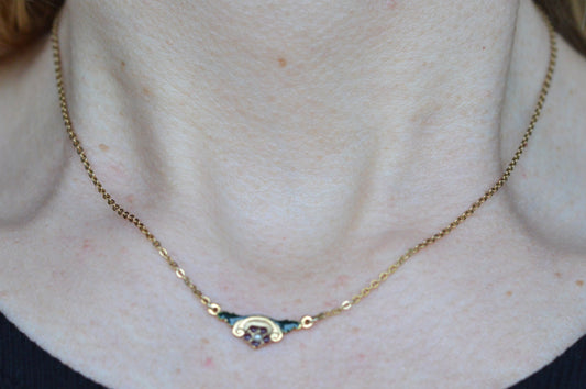 Vintage 10K Gold Filled Enamel Bar Necklace - Seed Pearl Floral Pendant - Victorian Revival Barware Jewelry