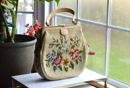 Vintage 1950s Floral Needlepoint Handbag – Mid-Century Tapestry Purse, Gold-Tone Frame, Top Handle Evening Bag