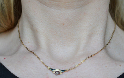 Vintage 10K Gold Filled Enamel Bar Necklace - Seed Pearl Floral Pendant - Victorian Revival Barware Jewelry