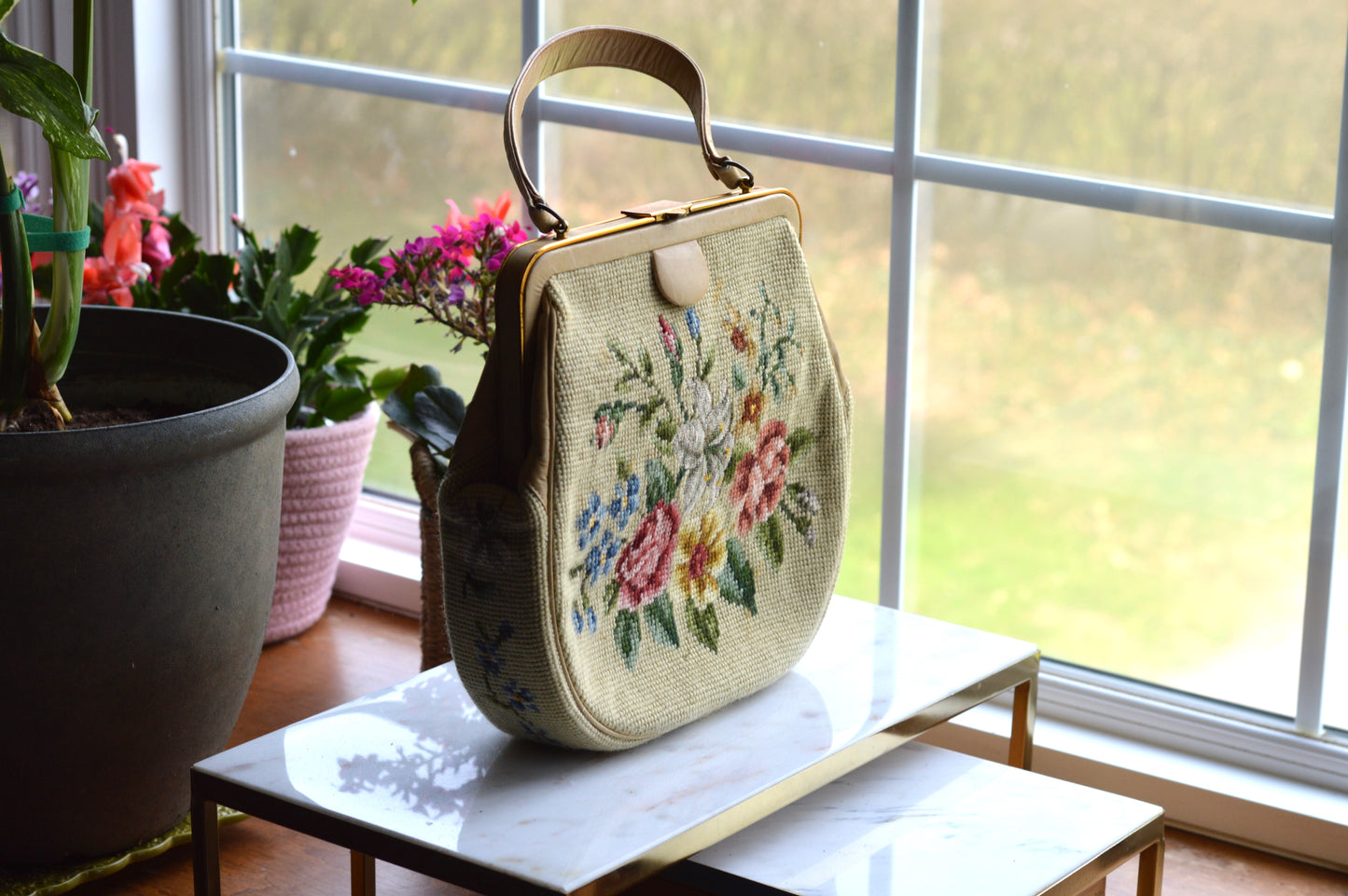 Vintage 1950s Floral Needlepoint Handbag – Mid-Century Tapestry Purse, Gold-Tone Frame, Top Handle Evening Bag