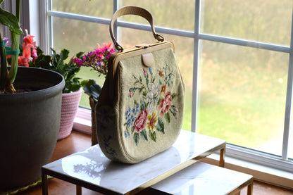 Vintage 1950s Floral Needlepoint Handbag – Mid-Century Tapestry Purse, Gold-Tone Frame, Top Handle Evening Bag