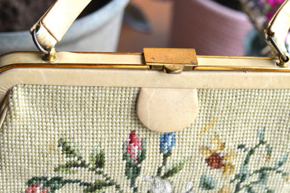 Vintage 1950s Floral Needlepoint Handbag – Mid-Century Tapestry Purse, Gold-Tone Frame, Top Handle Evening Bag
