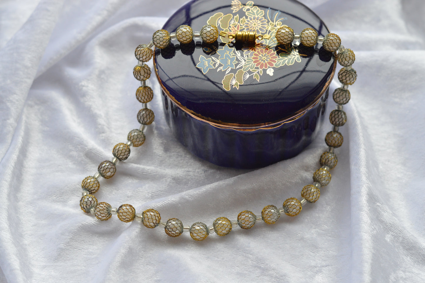 Vintage Caged Mesh Gold and Silver Toned Beaded Choker Necklace