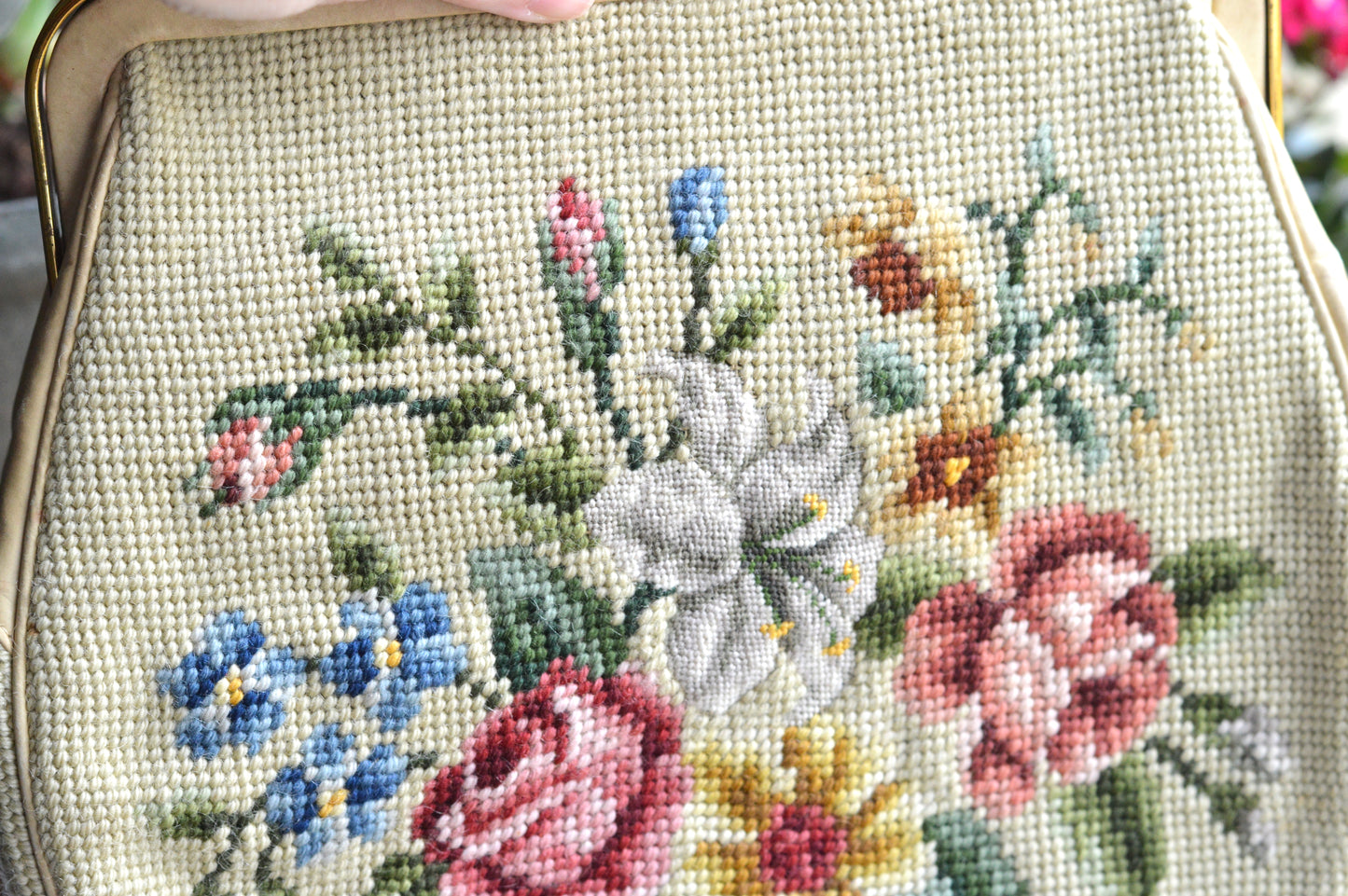 Vintage 1950s Floral Needlepoint Handbag – Mid-Century Tapestry Purse, Gold-Tone Frame, Top Handle Evening Bag
