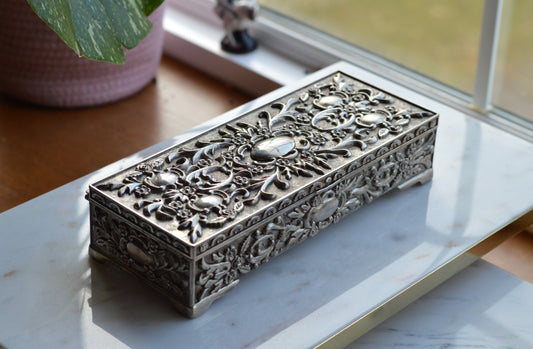 Vintage Silver Plated Ornate Jewelry Box, Red Velvet Lined with Mirror, Repoussé Floral Design Dresser Box, Three Compartment Ring Storage