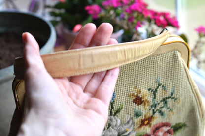Vintage 1950s Floral Needlepoint Handbag – Mid-Century Tapestry Purse, Gold-Tone Frame, Top Handle Evening Bag