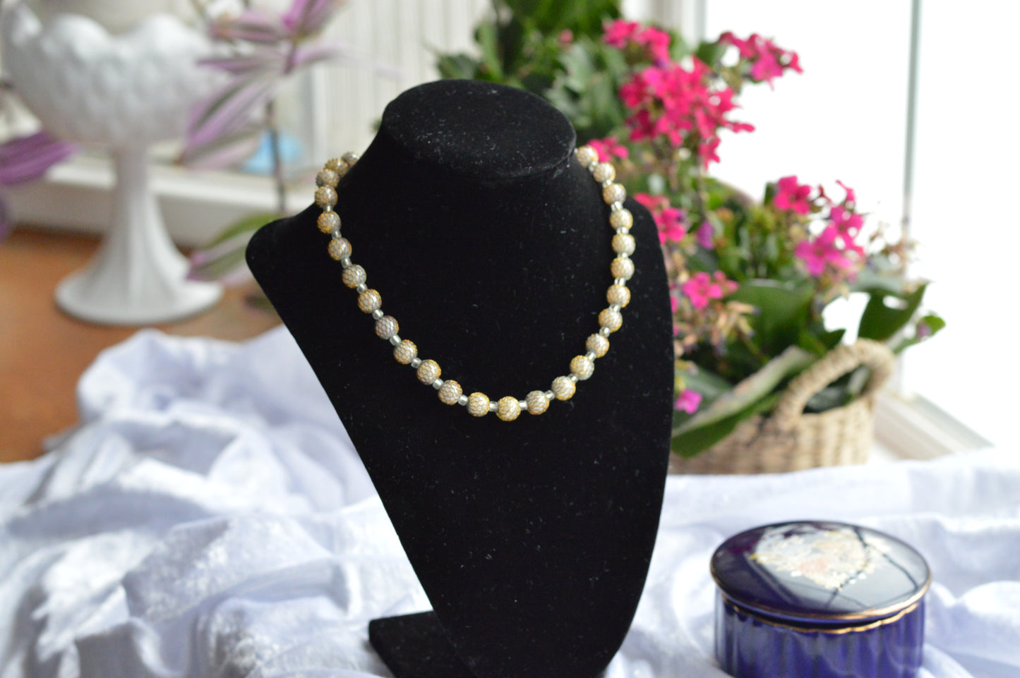 Vintage Caged Mesh Gold and Silver Toned Beaded Choker Necklace