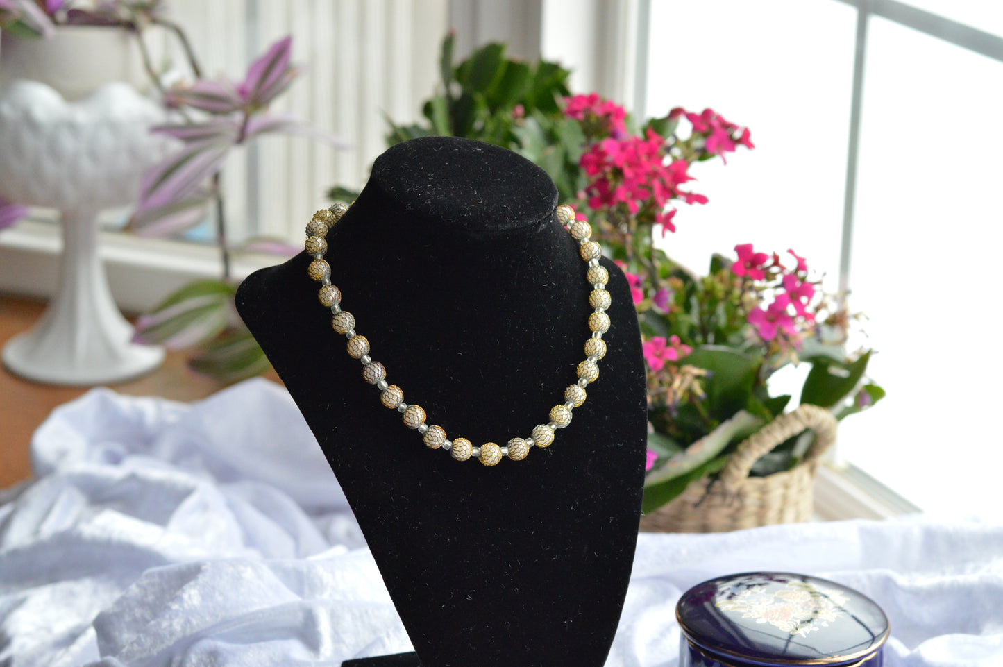 Vintage Caged Mesh Gold and Silver Toned Beaded Choker Necklace