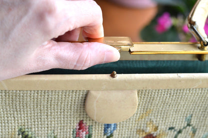 Vintage 1950s Floral Needlepoint Handbag – Mid-Century Tapestry Purse, Gold-Tone Frame, Top Handle Evening Bag