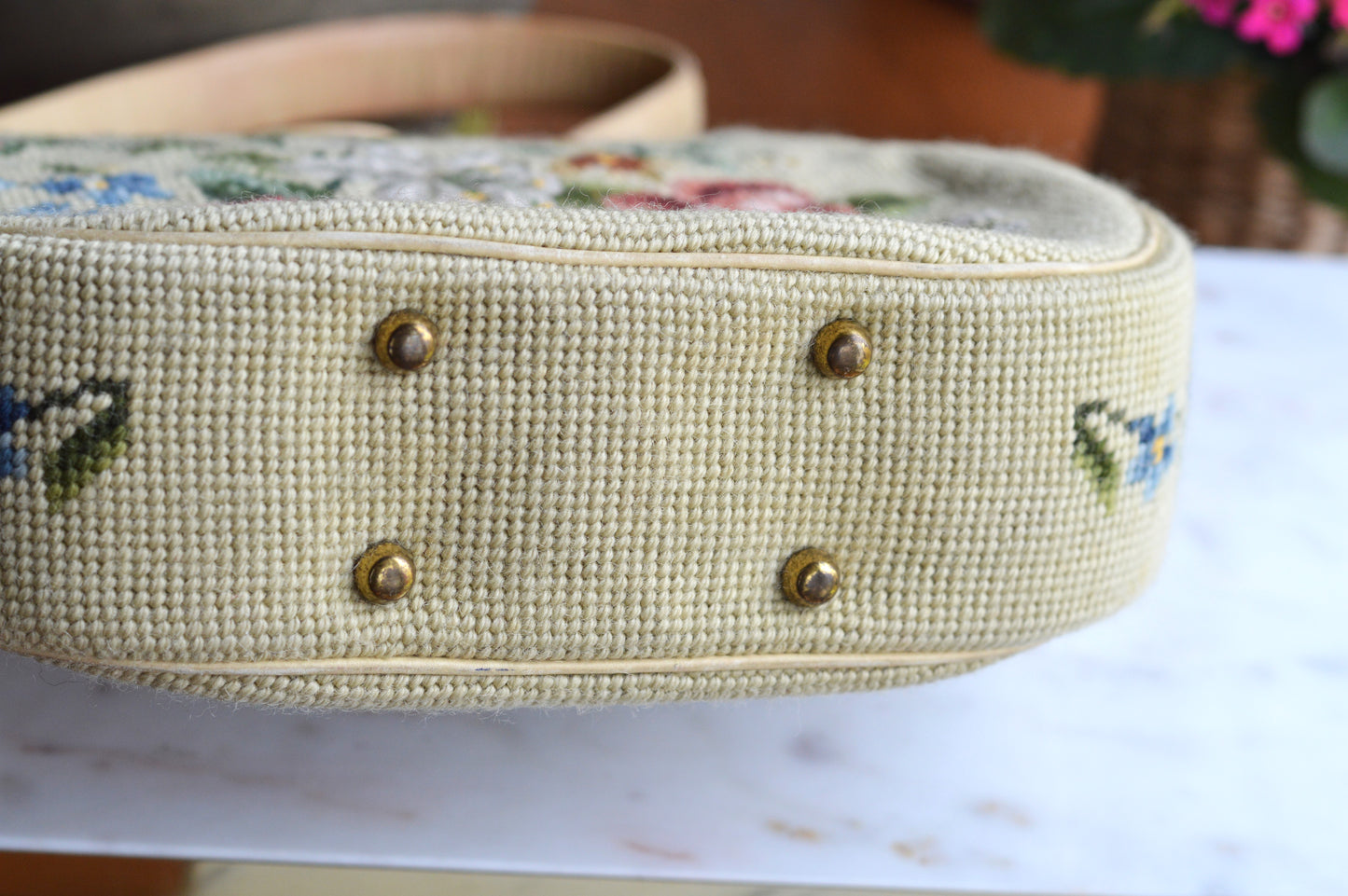 Vintage 1950s Floral Needlepoint Handbag – Mid-Century Tapestry Purse, Gold-Tone Frame, Top Handle Evening Bag