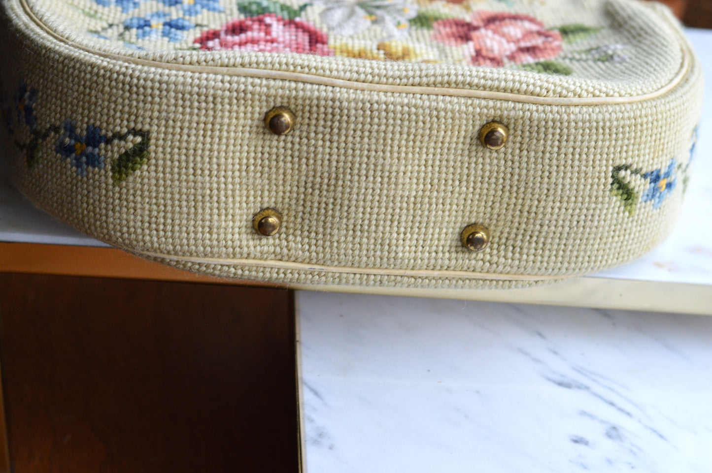 Vintage 1950s Floral Needlepoint Handbag – Mid-Century Tapestry Purse, Gold-Tone Frame, Top Handle Evening Bag