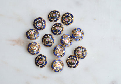 Set of 14 Antique Victorian Enamel Buttons – Cobalt Blue & Pink Rose Floral, Cut Steel Accents, French Pierced Brass