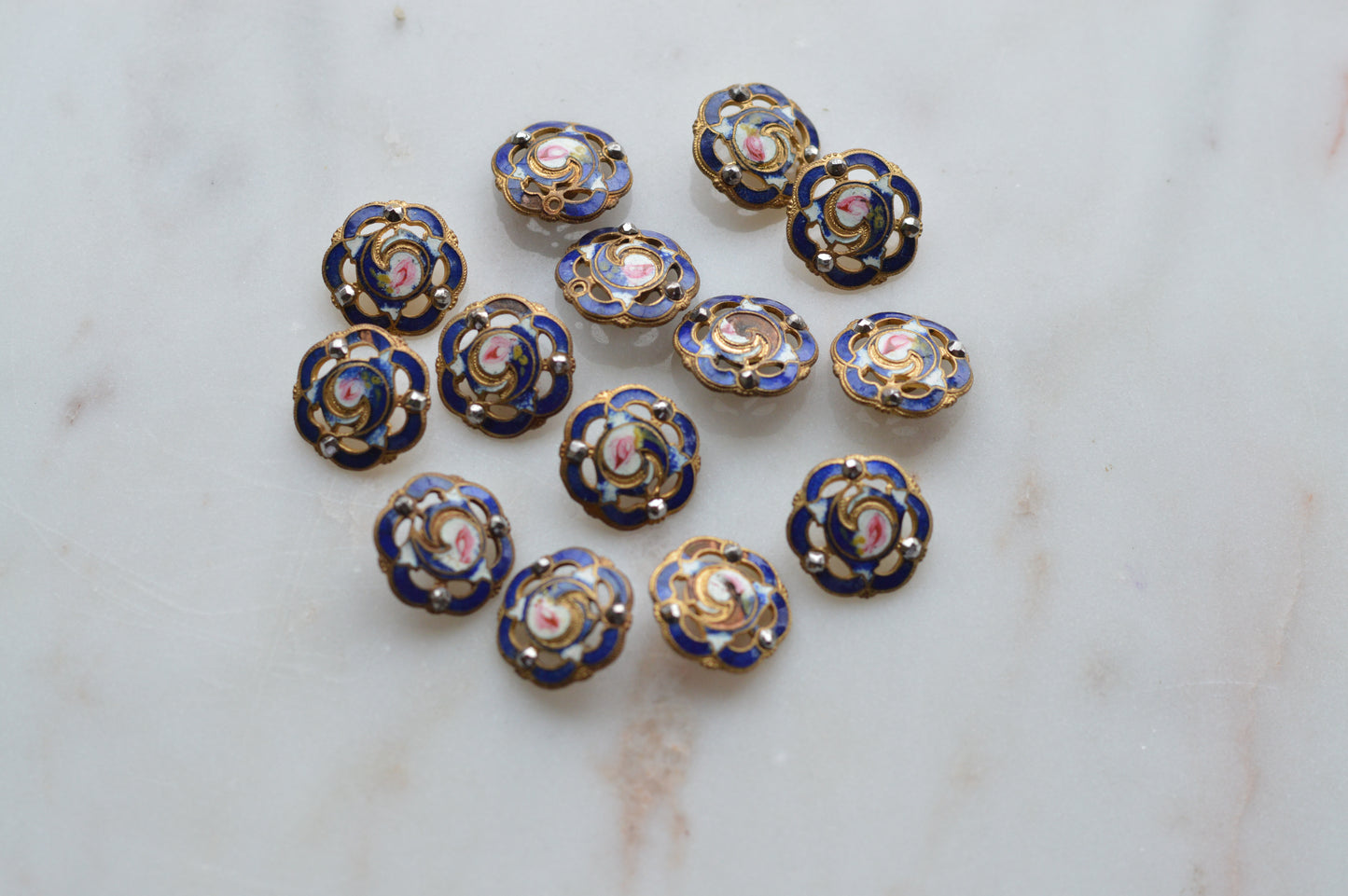Set of 14 Antique Victorian Enamel Buttons – Cobalt Blue & Pink Rose Floral, Cut Steel Accents, French Pierced Brass
