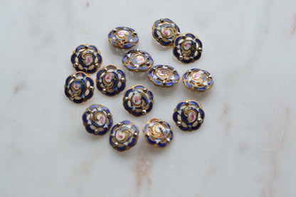 Set of 14 Antique Victorian Enamel Buttons – Cobalt Blue & Pink Rose Floral, Cut Steel Accents, French Pierced Brass