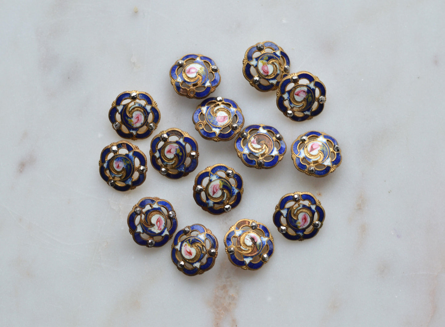 Set of 14 Antique Victorian Enamel Buttons – Cobalt Blue & Pink Rose Floral, Cut Steel Accents, French Pierced Brass