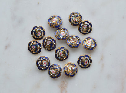 Set of 14 Antique Victorian Enamel Buttons – Cobalt Blue & Pink Rose Floral, Cut Steel Accents, French Pierced Brass