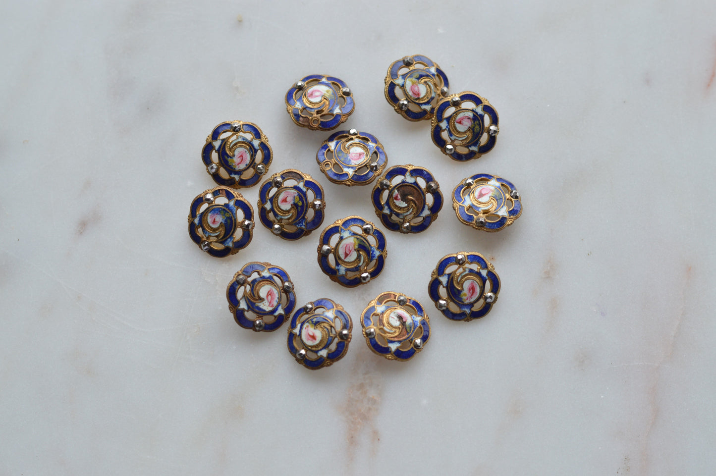 Set of 14 Antique Victorian Enamel Buttons – Cobalt Blue & Pink Rose Floral, Cut Steel Accents, French Pierced Brass