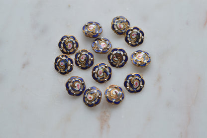 Set of 14 Antique Victorian Enamel Buttons – Cobalt Blue & Pink Rose Floral, Cut Steel Accents, French Pierced Brass