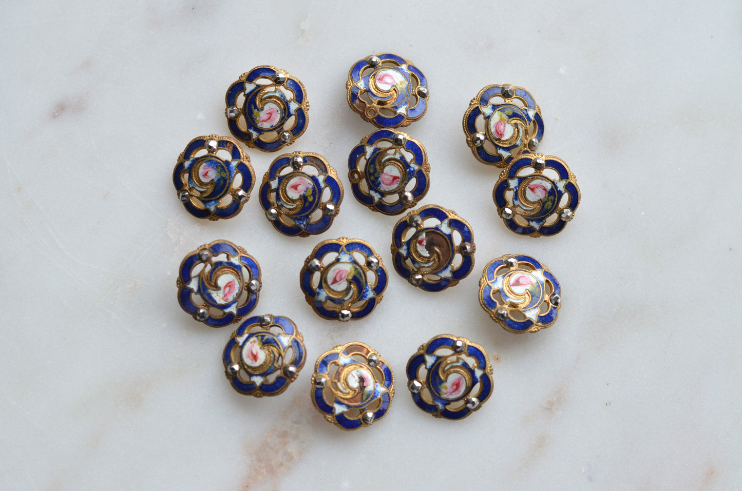 Set of 14 Antique Victorian Enamel Buttons – Cobalt Blue & Pink Rose Floral, Cut Steel Accents, French Pierced Brass