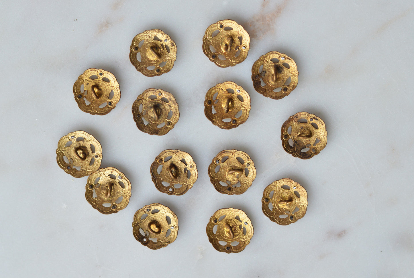 Set of 14 Antique Victorian Enamel Buttons – Cobalt Blue & Pink Rose Floral, Cut Steel Accents, French Pierced Brass