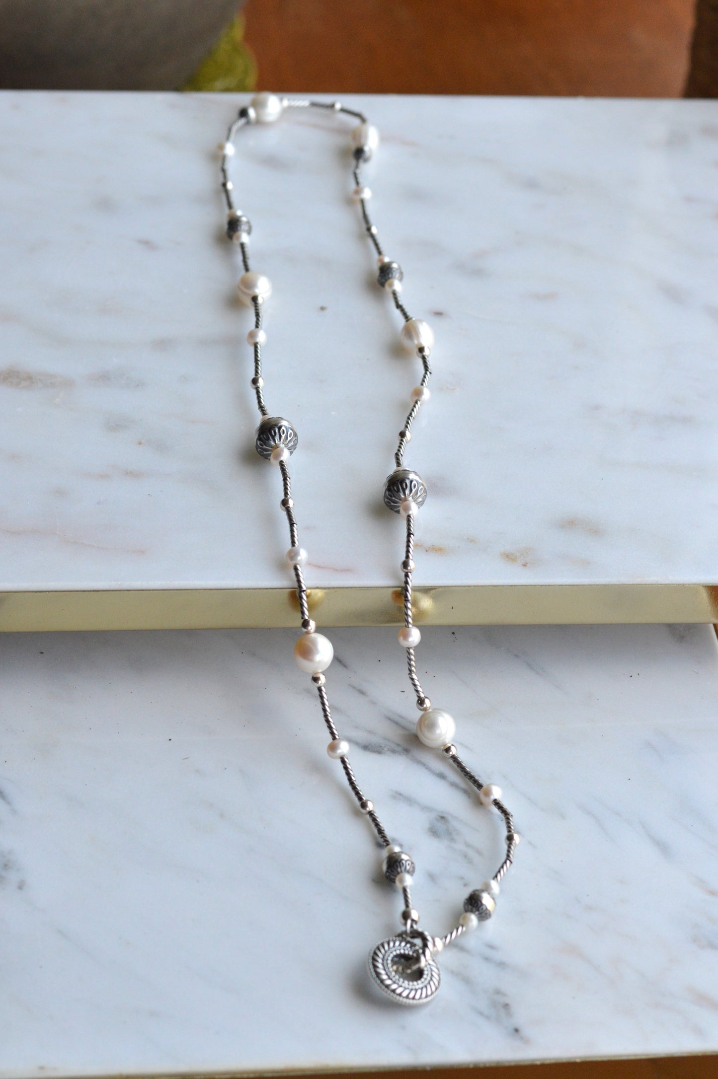 Vintage Silver-Tone Faux Pearl & Filigree Station Necklace – 34" Continuous Endless Sautoir, Textured Ring Pendant